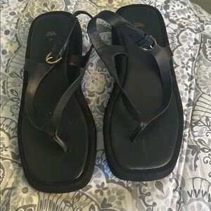 Zara Black Sandals with Glossy Finish and Contoured Sole